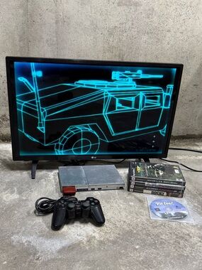 Sony PS2 Slim Silver Console Bundle w Controller + Games Tested